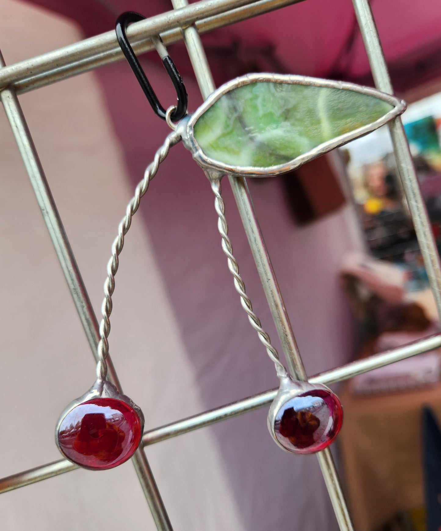 Cherries Made from Nugget Glass with Light Green Mottled Stained Glass Leaf