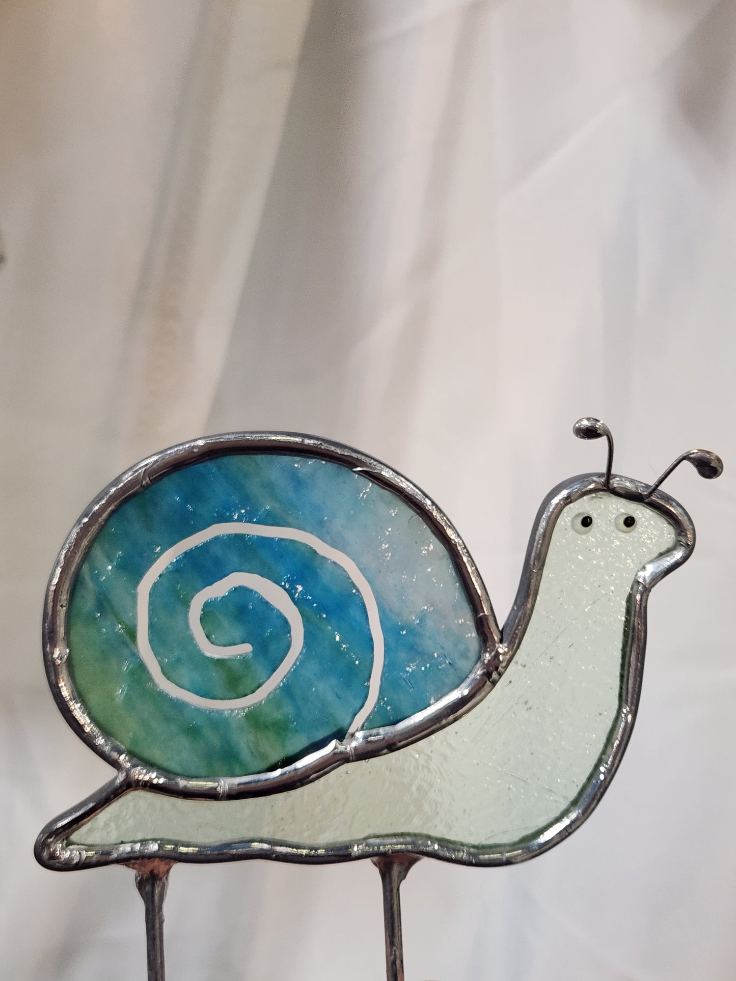 Mint Green & Heavy Textured Blue Green Swirl Snail Stained Glass Plant Stake