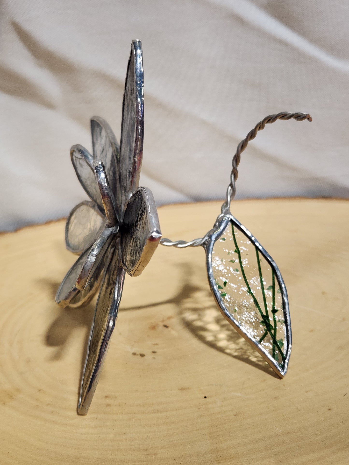 Black & Clear Streaky Textured Glass and Ice Flake Stained Glass Table Flower