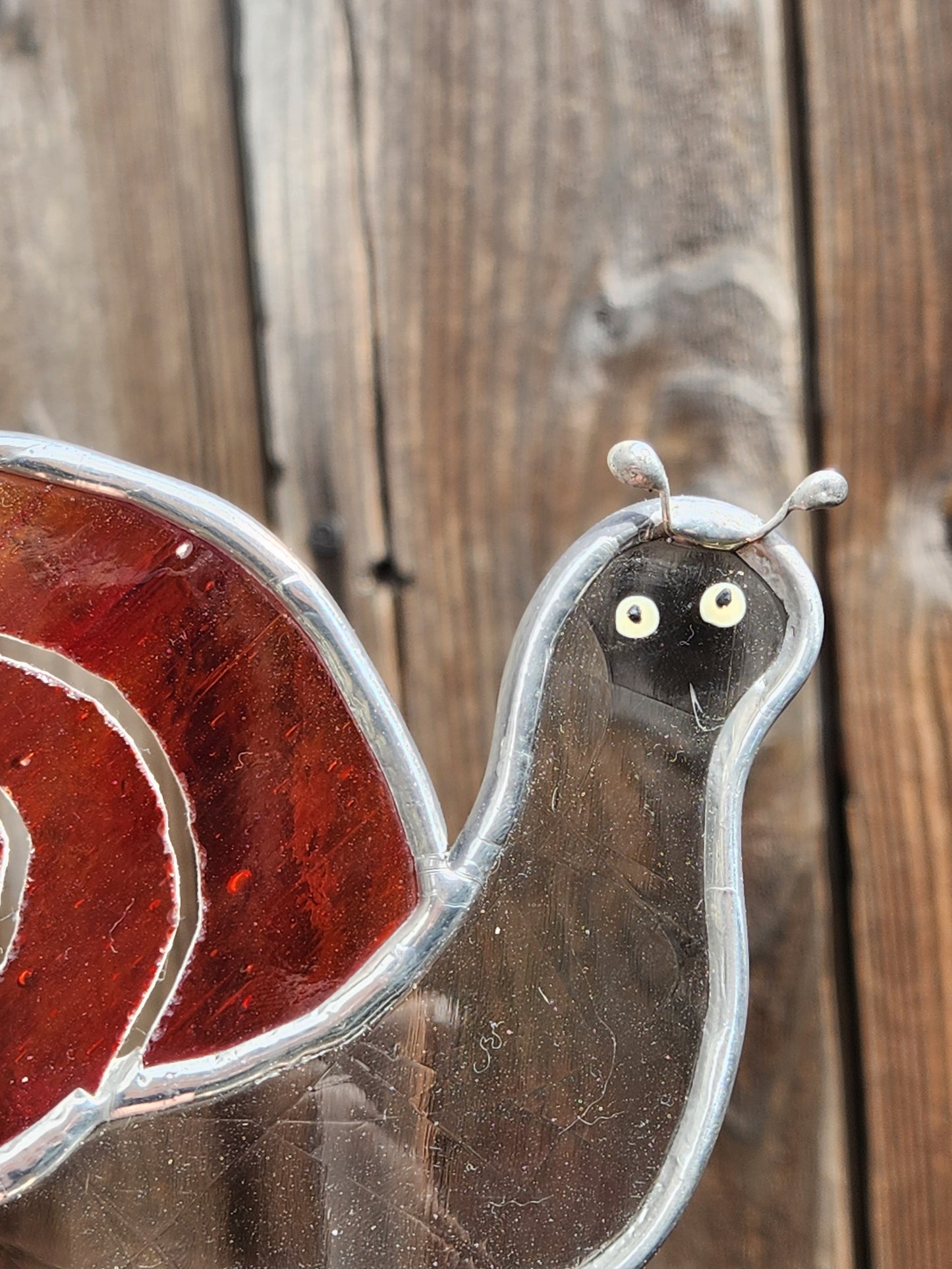 Gray Antique and Red Streaky Stained Glass Snail Plant Stake