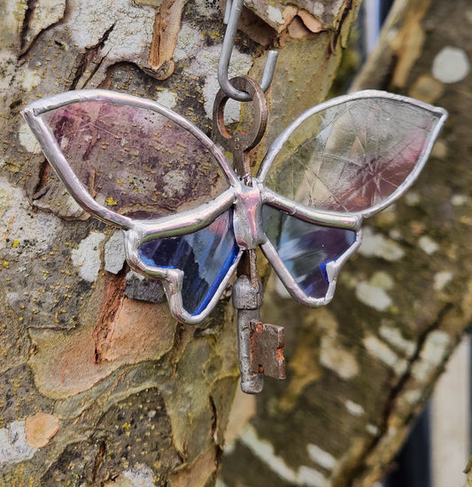 Clear Antique Glass & Blue Waterglass Stained Glass Flying Key