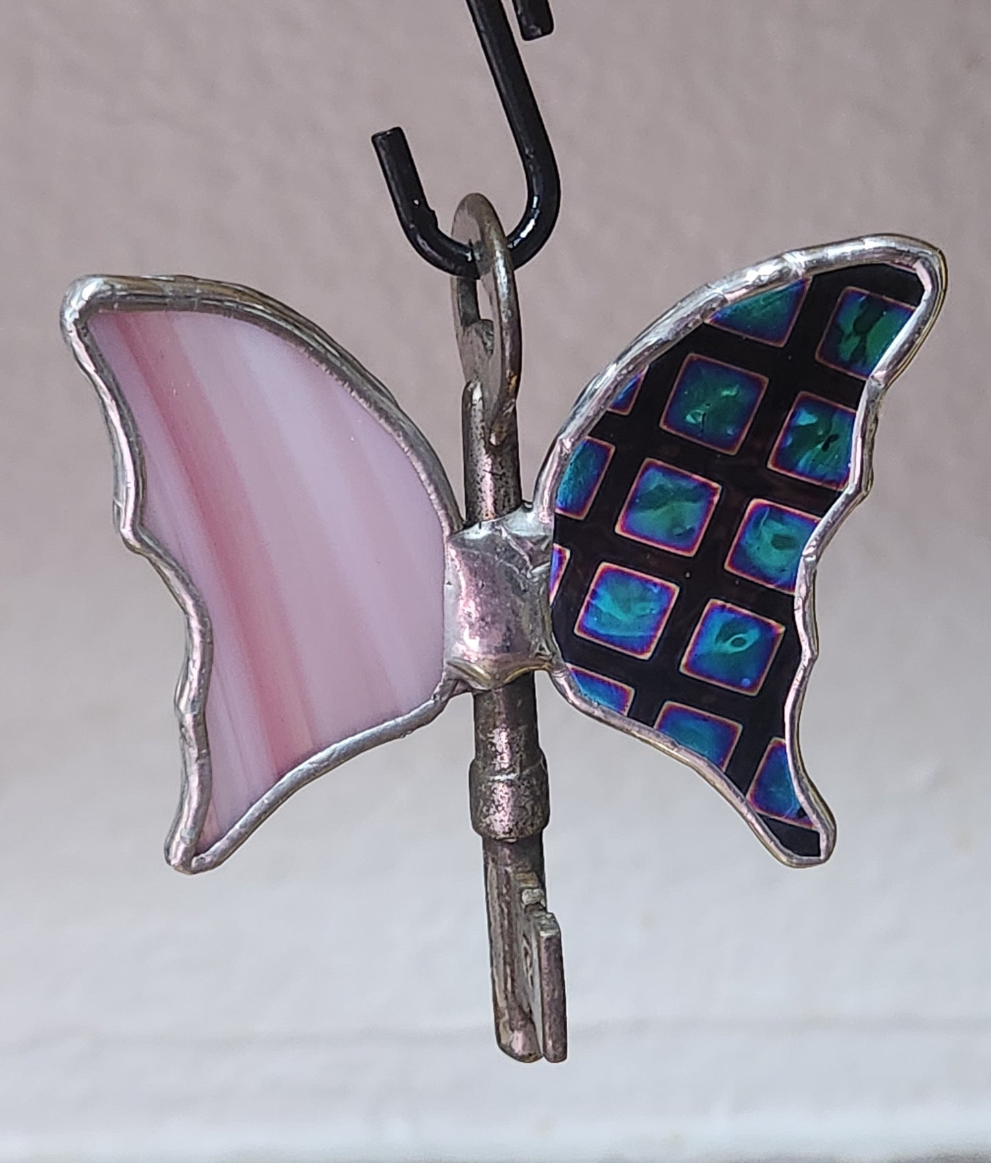 Pink Baroque & Black Dichroic Stained Glass Flying Key