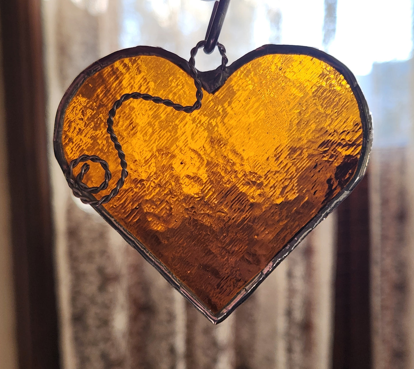Antique Amber Stained Glass Heart with Scroll Accent
