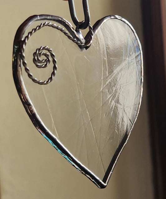 Clear Antique Stained Glass Heart with Scroll Accent