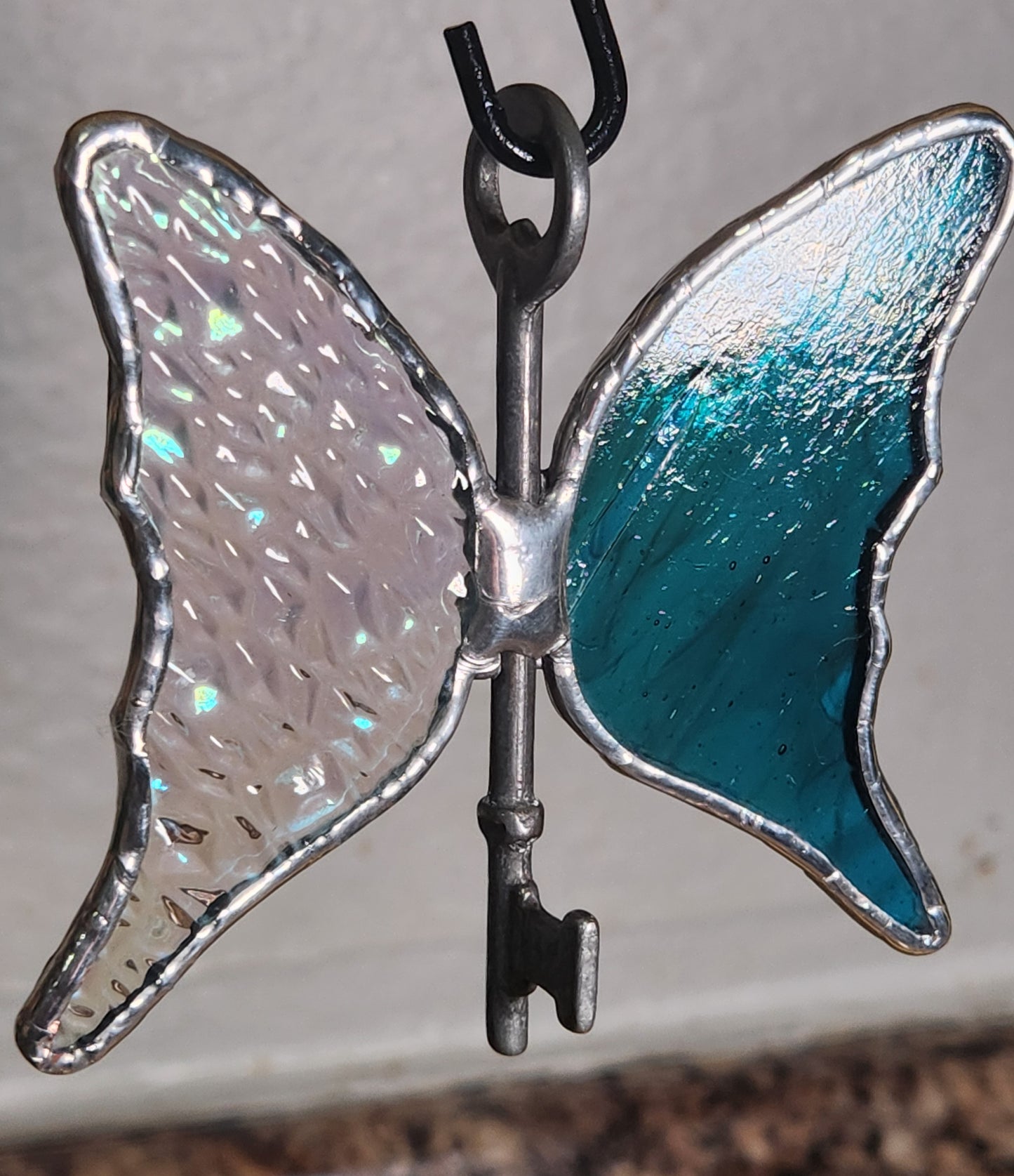 Rainbow Iridescent Textured & Deep Blue-Green Stained Glass Flying Key
