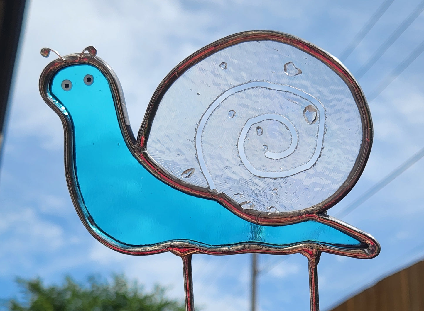 Teal & Iridescent Frit Stained Glass Snail Plant Stake