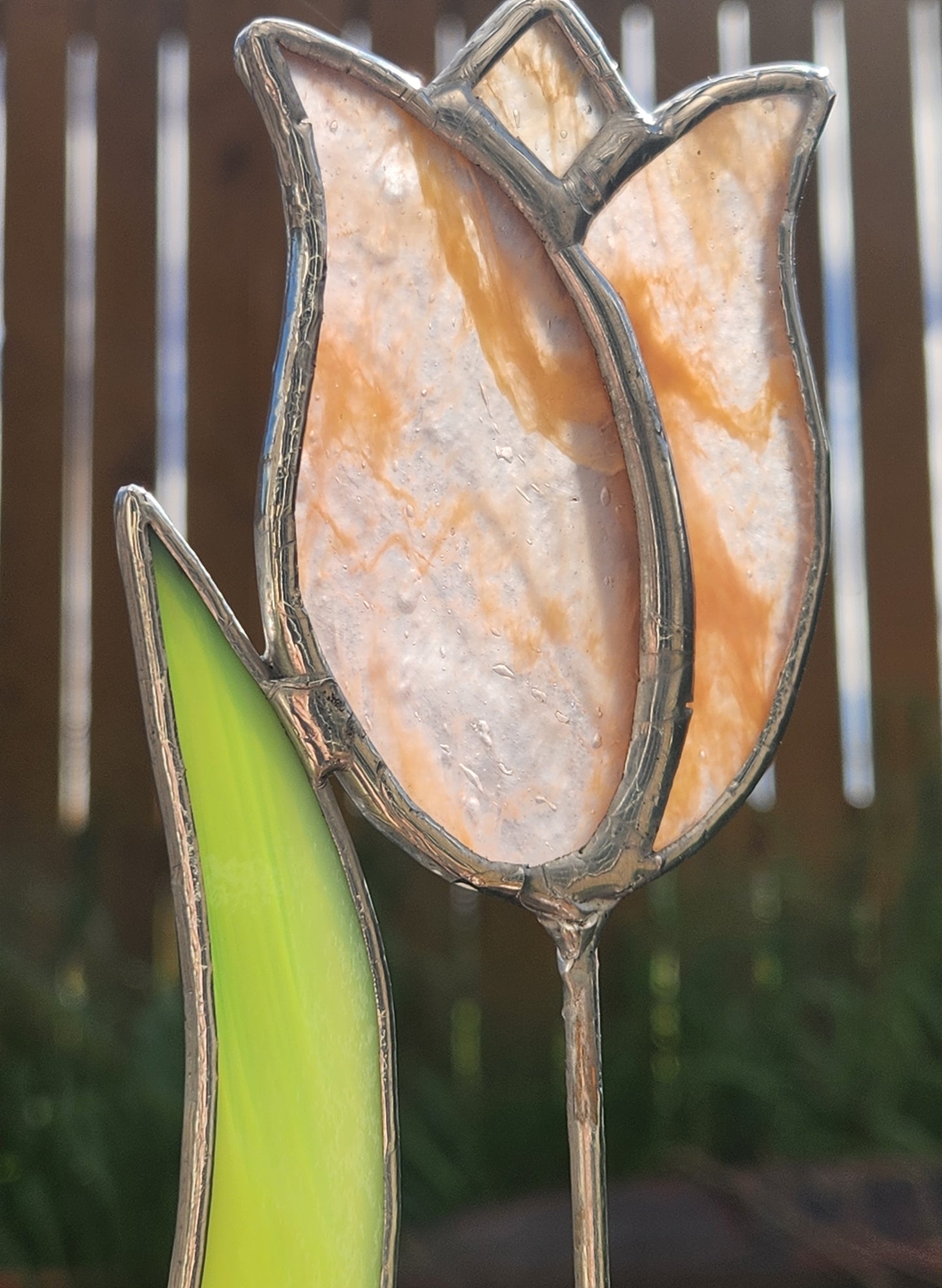 Peach-White Streaky Tulip with Green Streaky Leaf Stained Glass Plant Stake