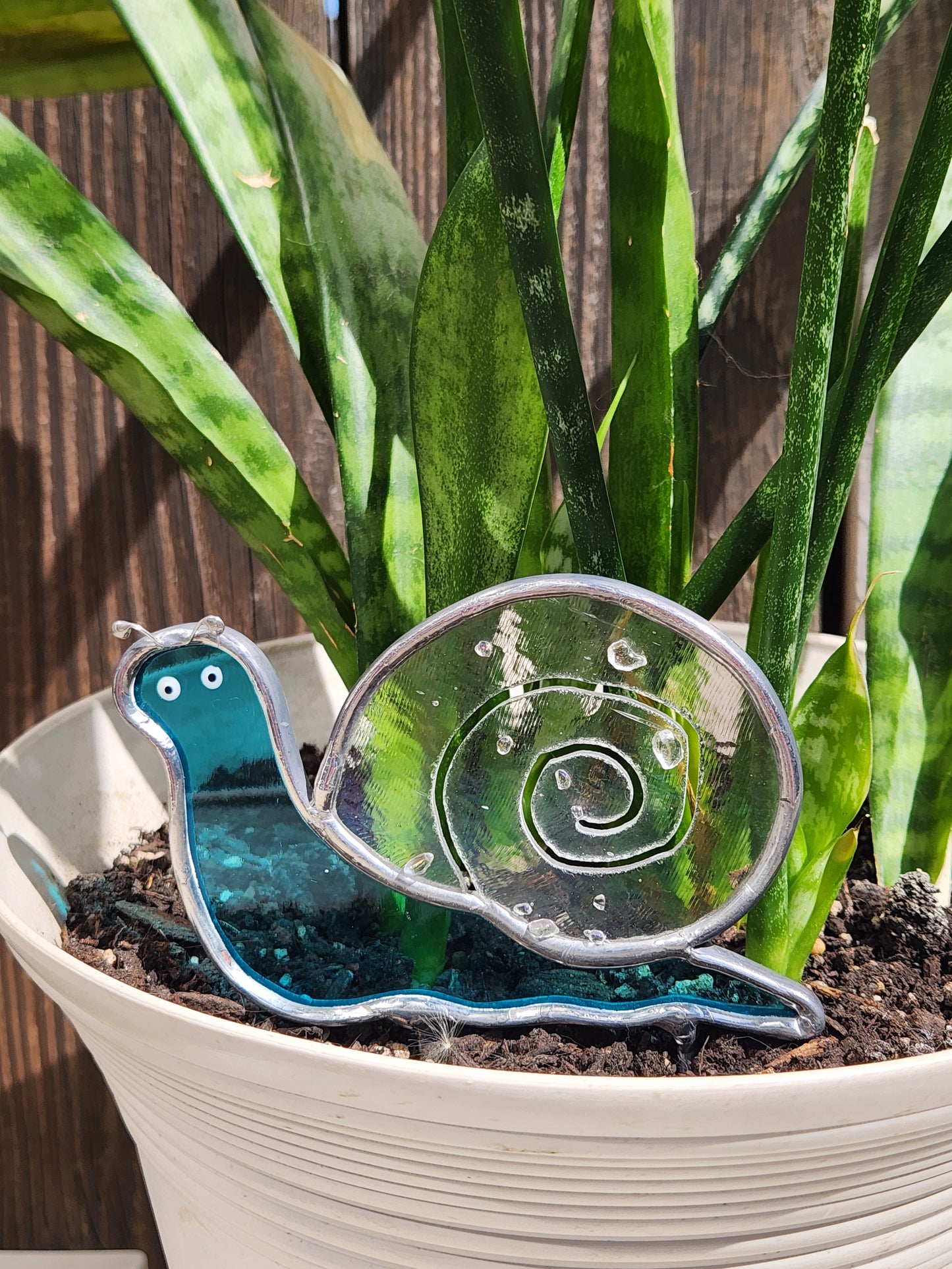 Teal & Iridescent Frit Stained Glass Snail Plant Stake