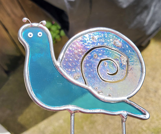 Teal & Iridescent Frit Stained Glass Snail Plant Stake