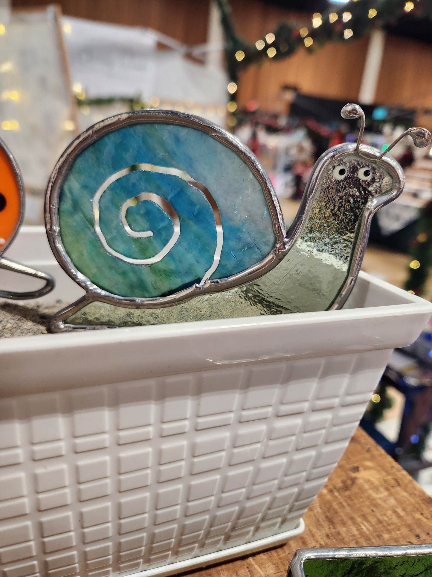 Mint Green & Heavy Textured Blue Green Swirl Snail Stained Glass Plant Stake