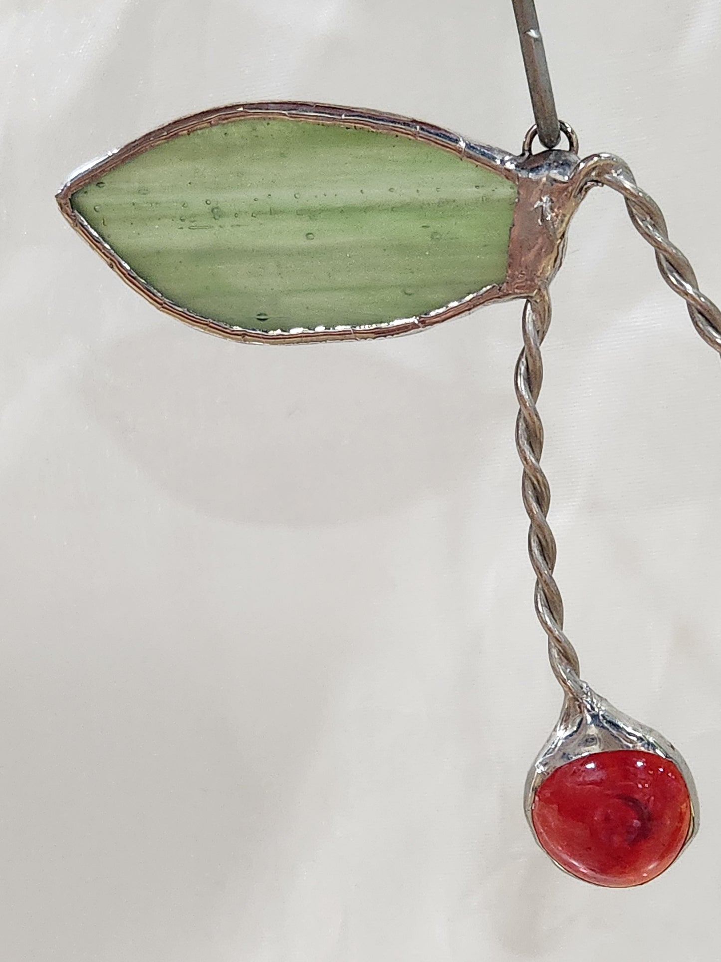 Cherry Nugget Glass with Green Wispy Leaf Stained Glass