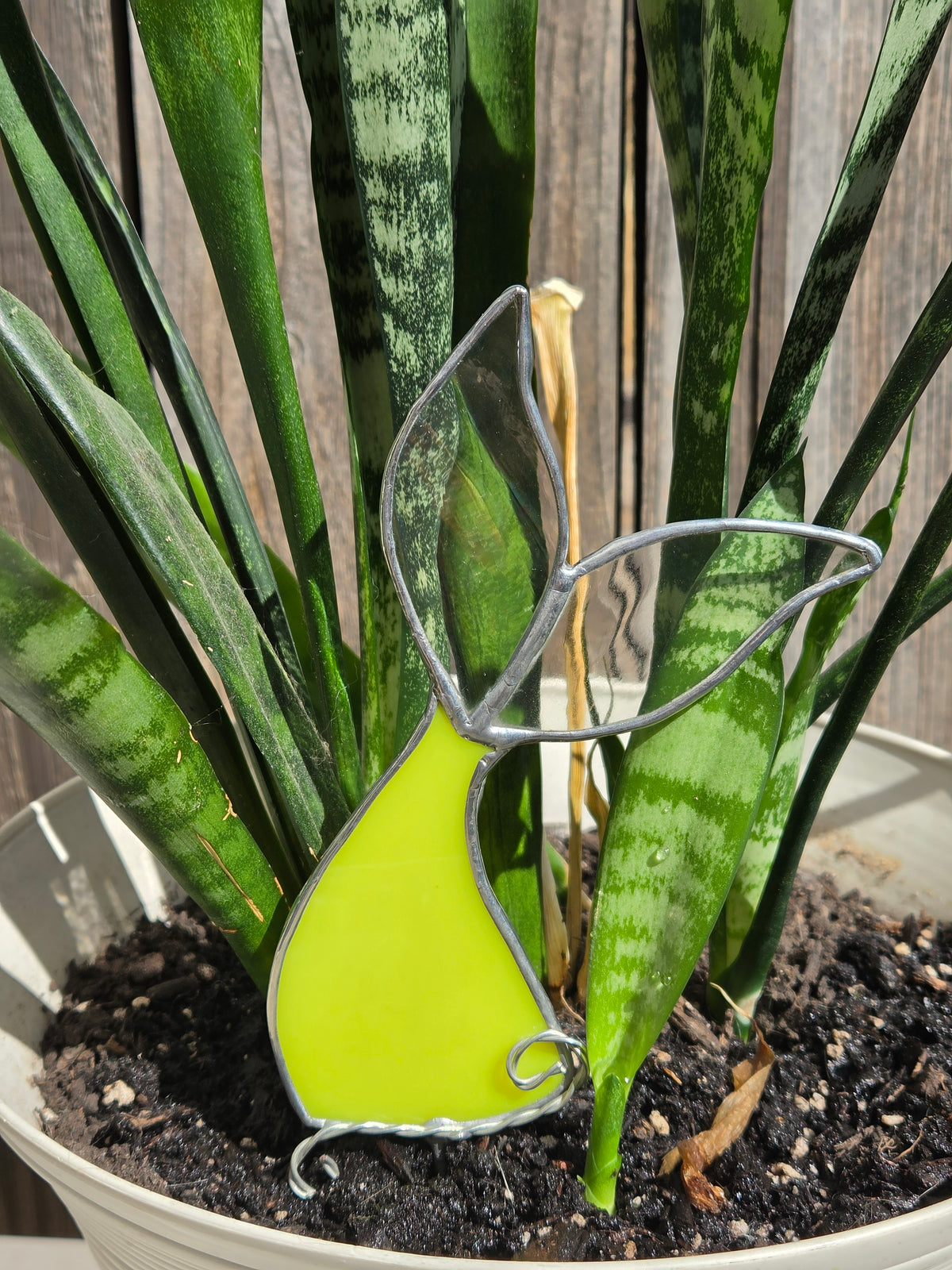 Neon Green & Iridescent Stained Glass Mermaid Tail Plant Stake