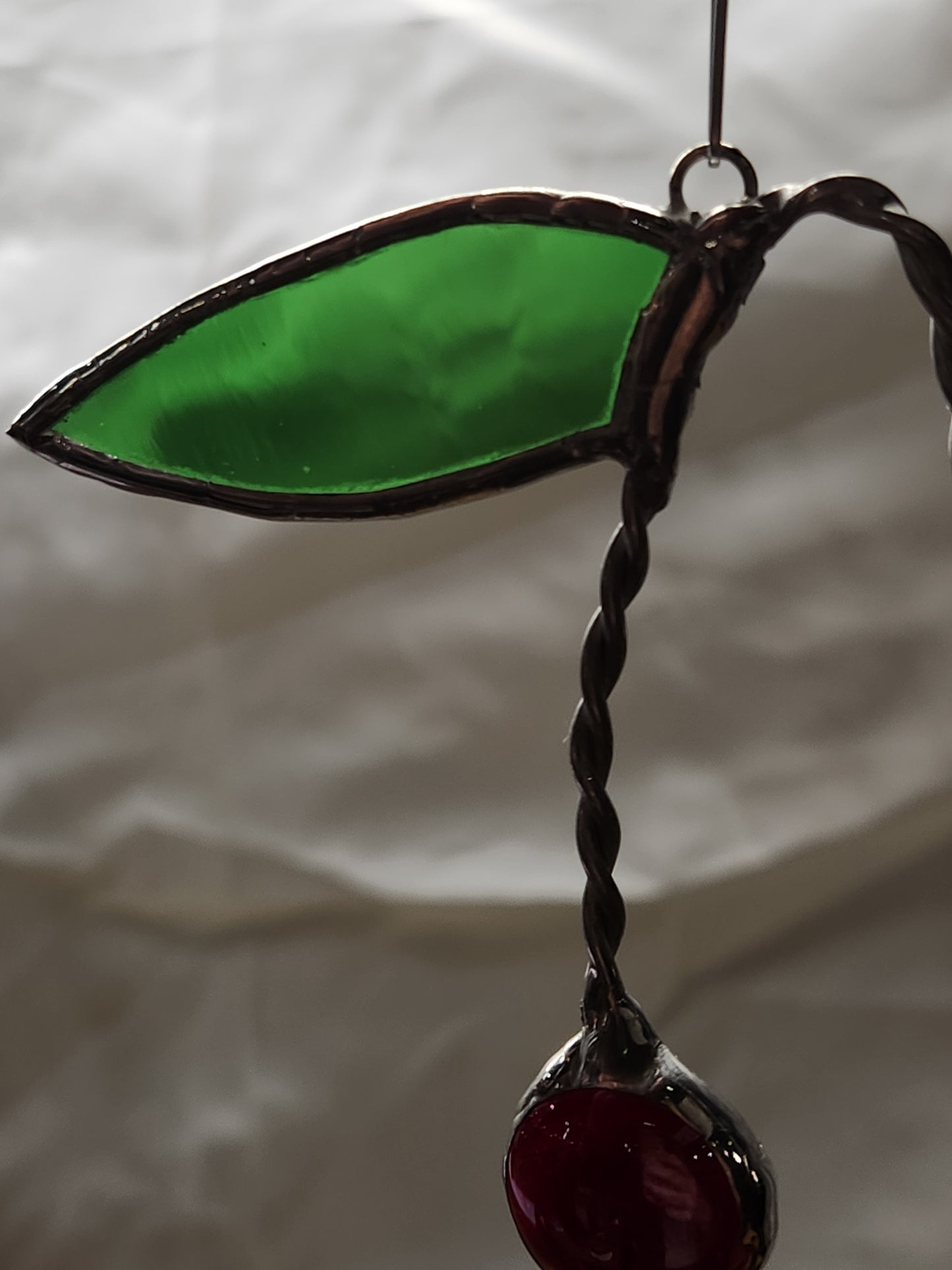Cherry Nugget Glass with Green Textured Leaf Stained Glass