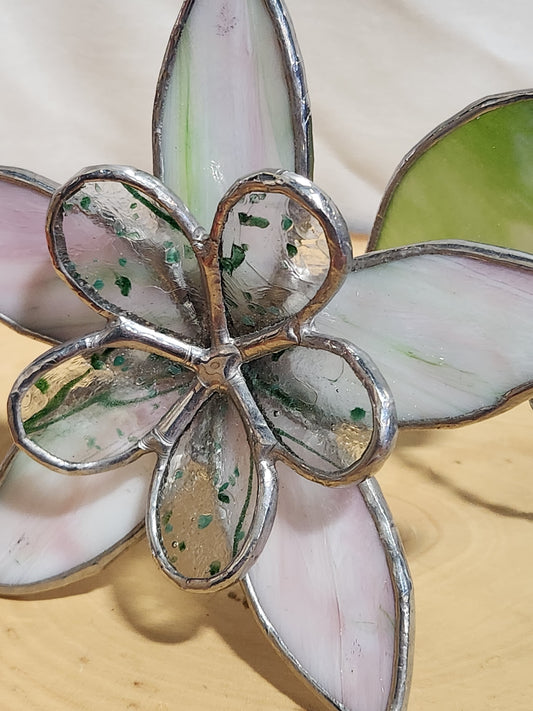 Pink & Green Streaky Glass with Green Confetti Stained Glass Table Flower