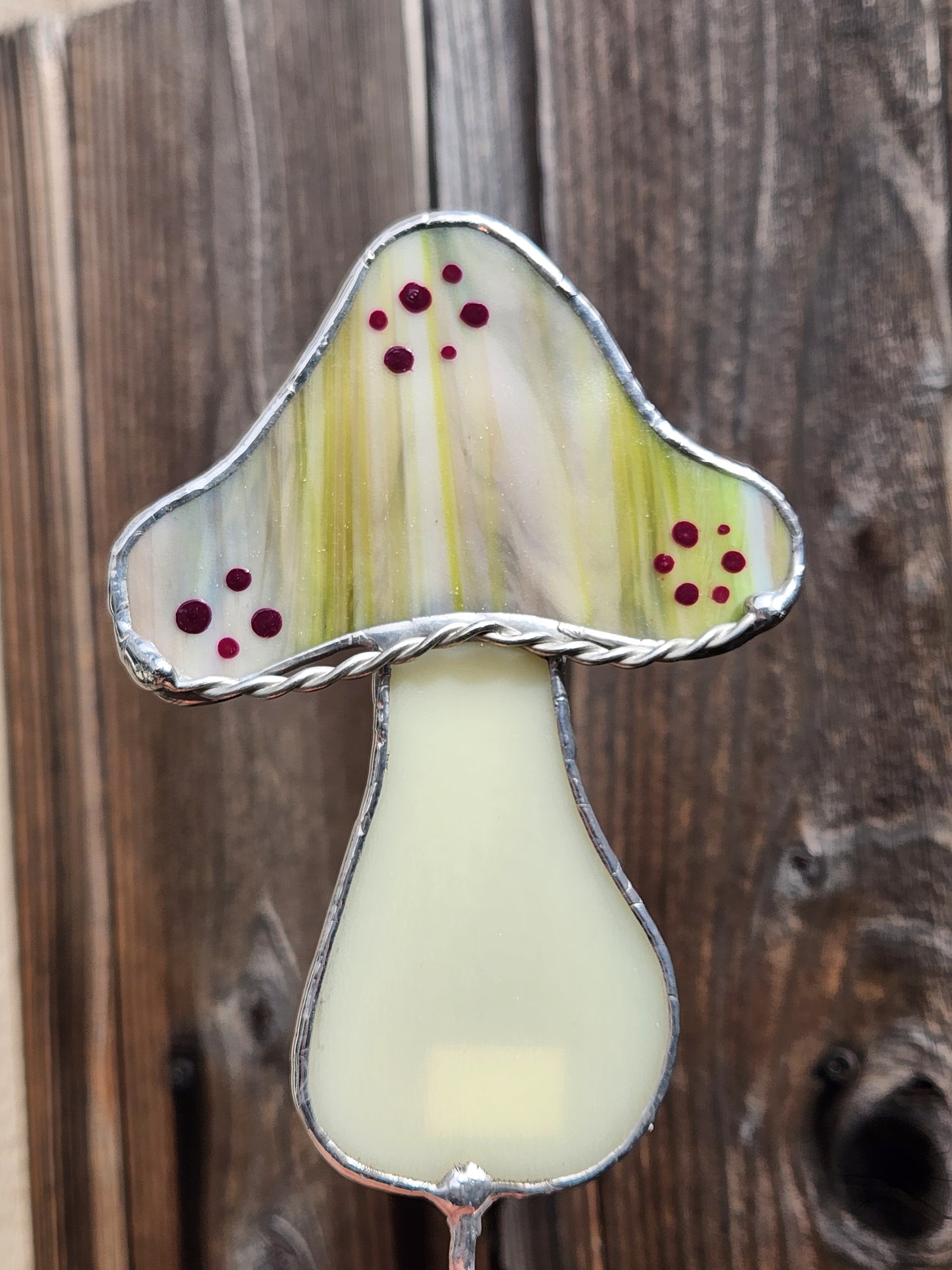 Vintage Green & Purple Mushroom Stained Glass Plant Stake