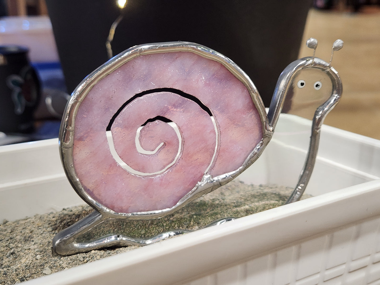 Iridescent & Heavy Textured Pink Stained Glass Snail Plant Stake