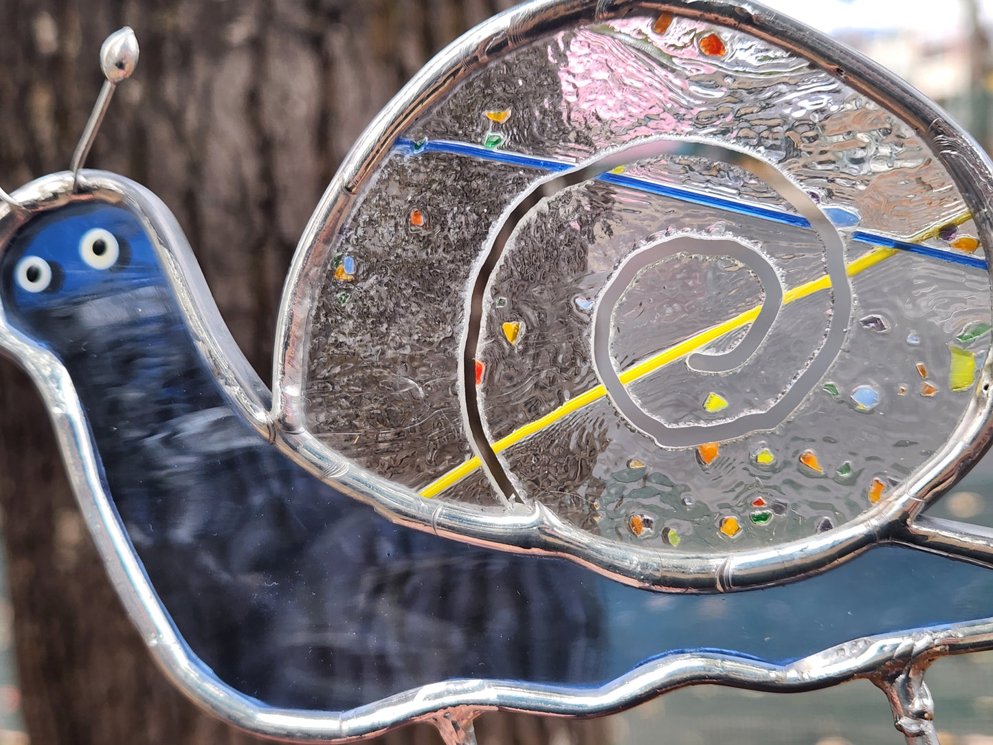 Light Blue Waterglass & Rainbow Confetti Snail Stained Glass Plant Stake