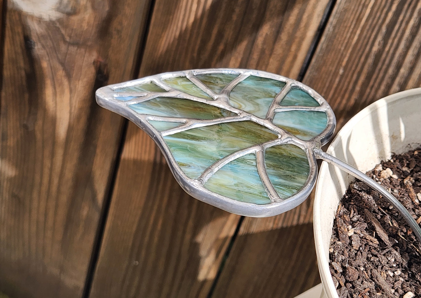 Light Teal-Green Stained Glass Elven Leaf Plant Stake