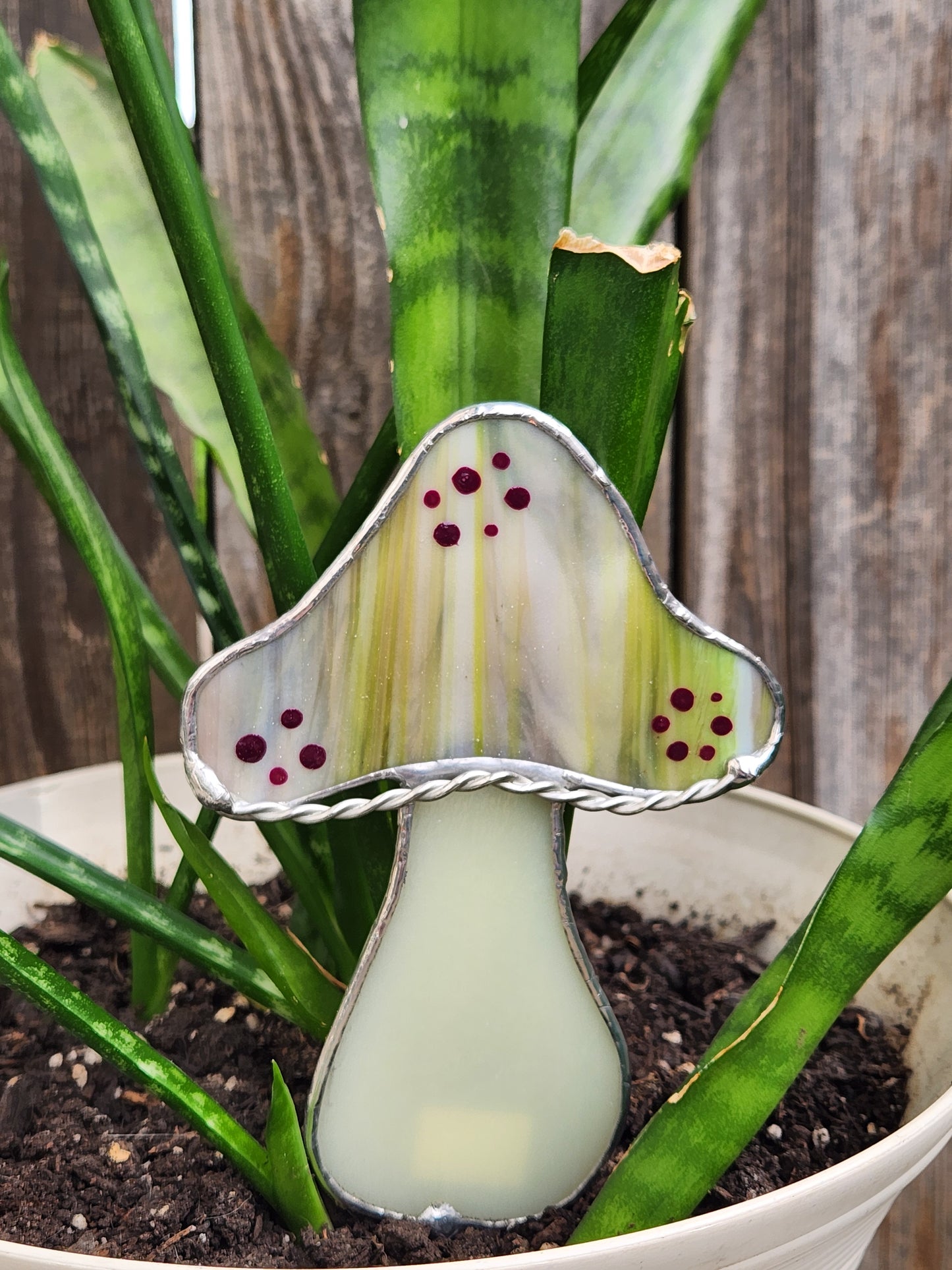 Vintage Green & Purple Mushroom Stained Glass Plant Stake