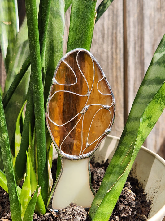 Life-Sized Morel Mushroom Stained Glass Plant Stake