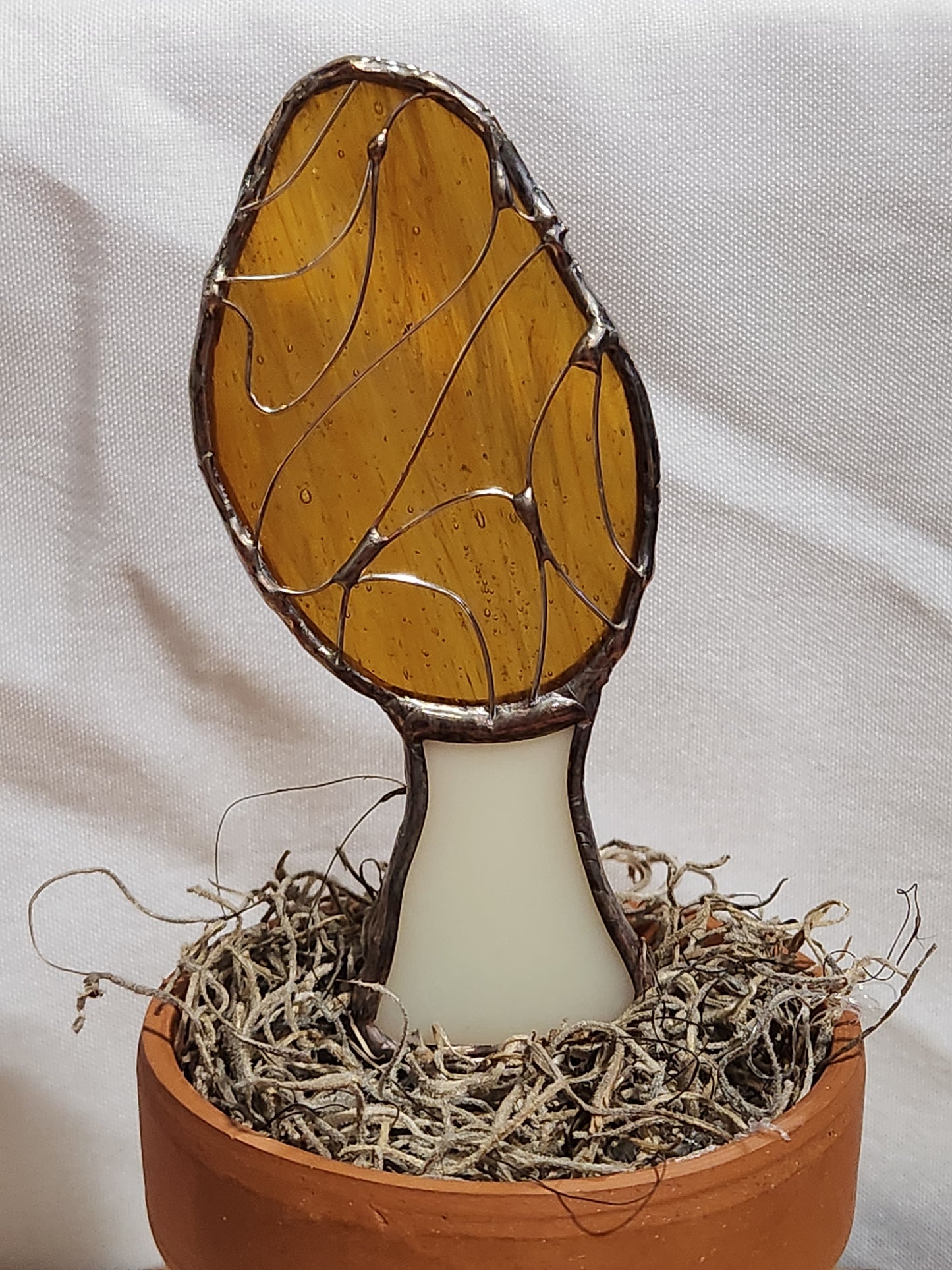 Life-Sized Morel Mushroom Stained Glass Plant Stake - Cooper Patina