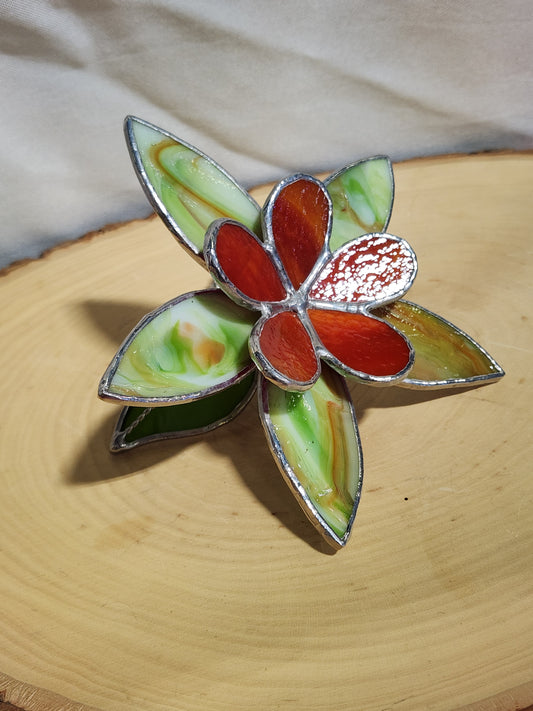 Green & Red Streaky Glass and Red & Orange Wispy Stained Glass Table Flower