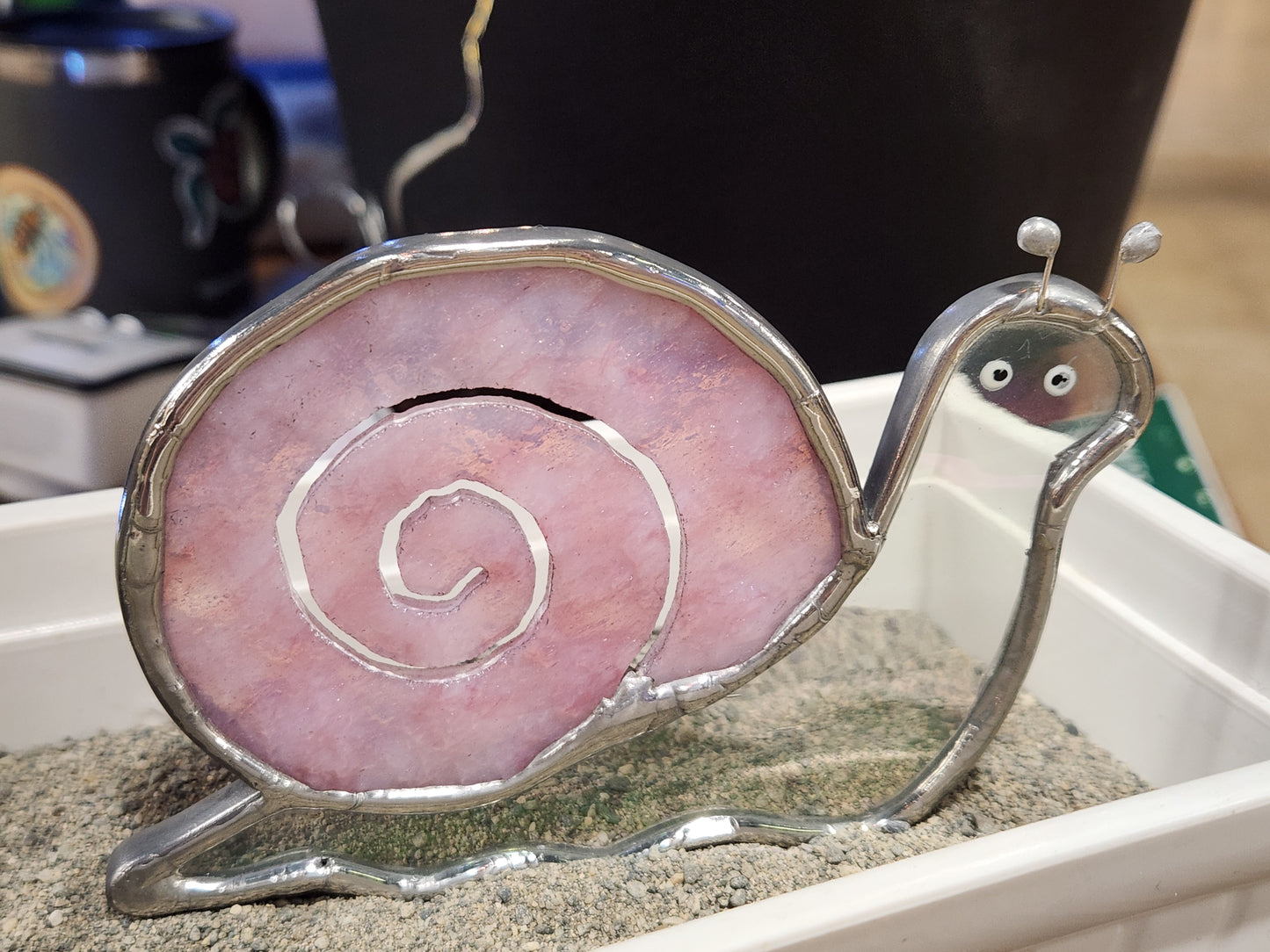 Iridescent & Heavy Textured Pink Stained Glass Snail Plant Stake