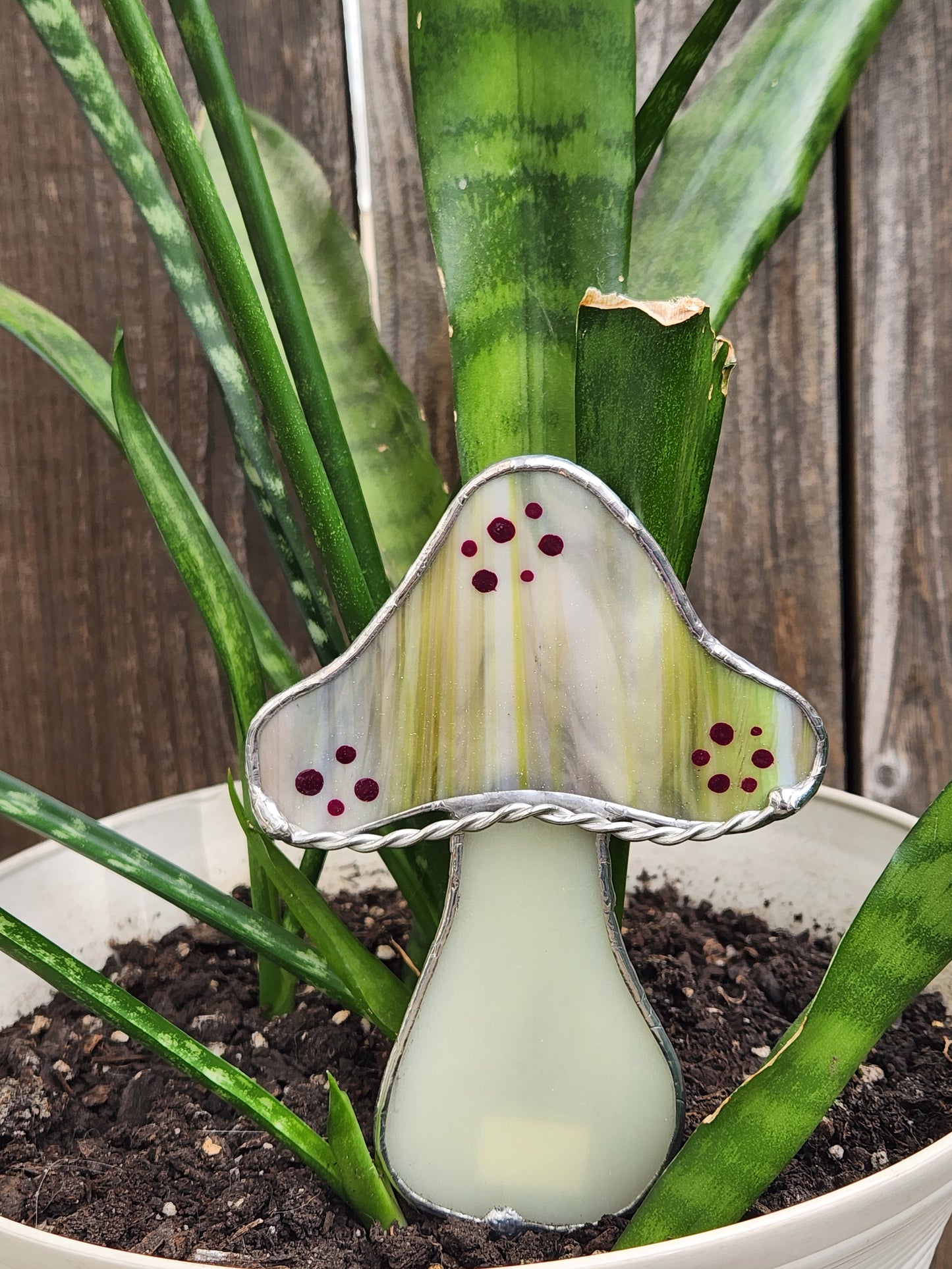 Vintage Green & Purple Mushroom Stained Glass Plant Stake