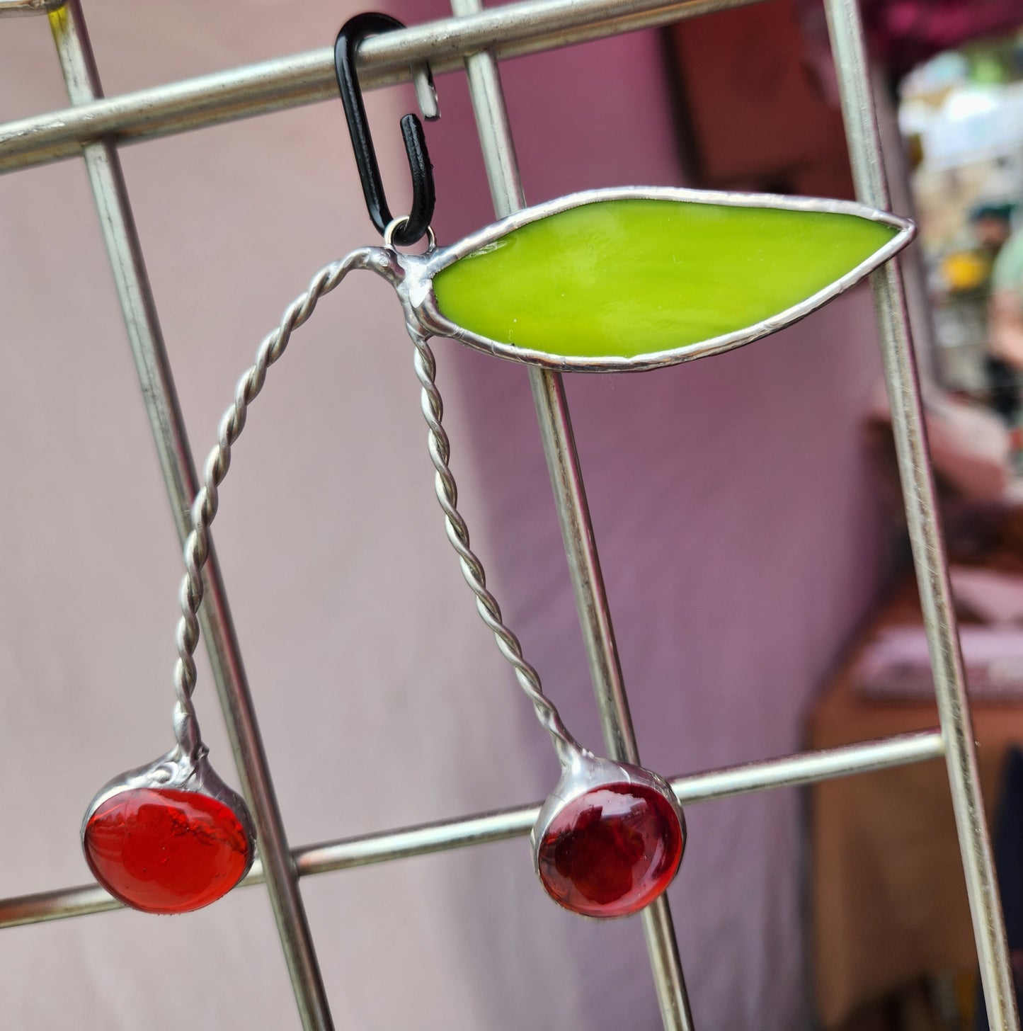 Cherries Made from Nugget Glass with Neon Green Stained Glass Leaf