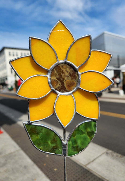 Orange-Yellow Stained Glass Sunflower Plant Stake with Brown Mottled Center