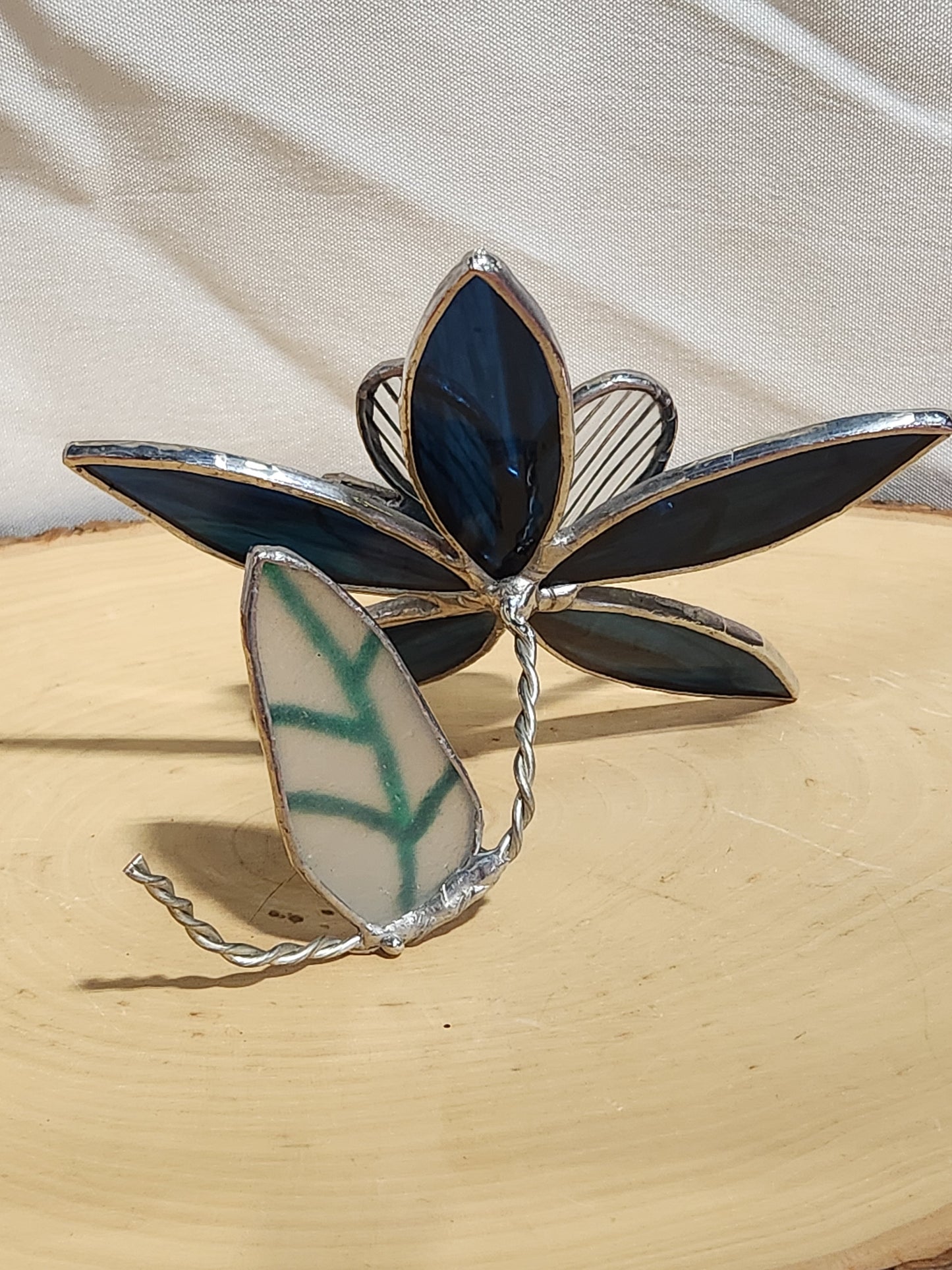 Cobalt & Clear Reeded Stained Glass Table Flower