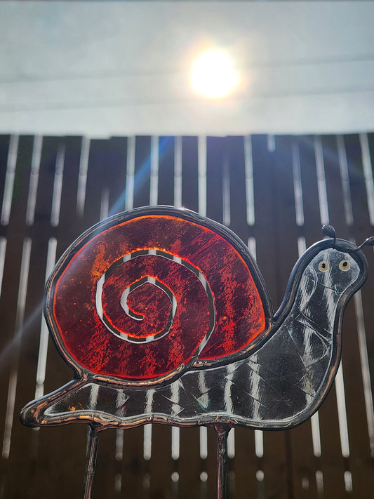 Gray Antique and Red Streaky Stained Glass Snail Plant Stake