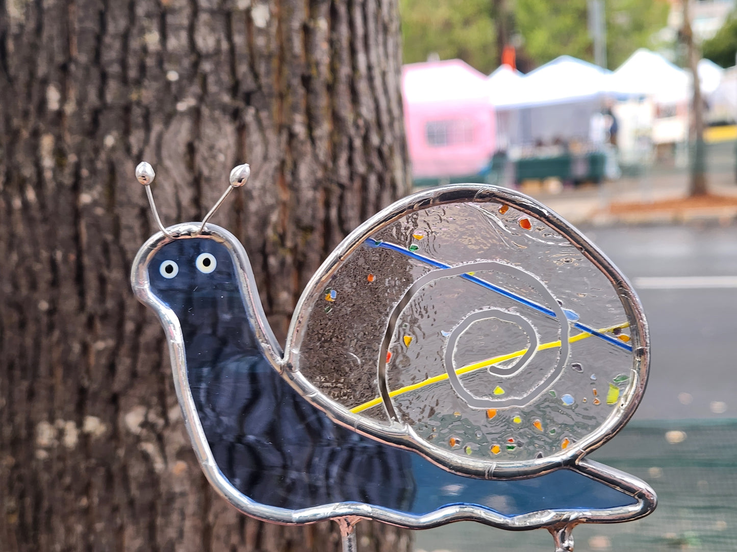 Light Blue Waterglass & Rainbow Confetti Snail Stained Glass Plant Stake