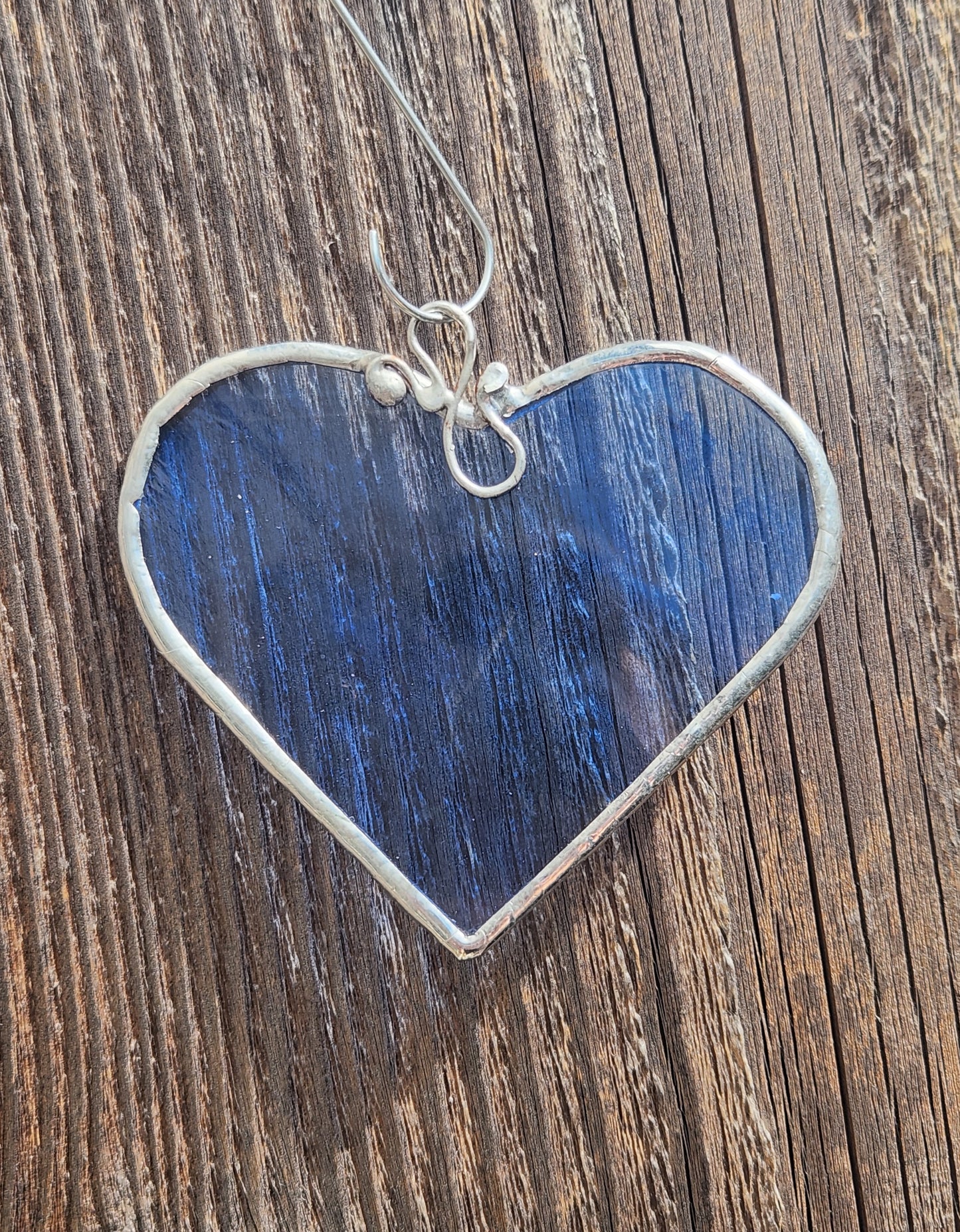 Blue Waterglass Stained Glass Heart with scroll hook