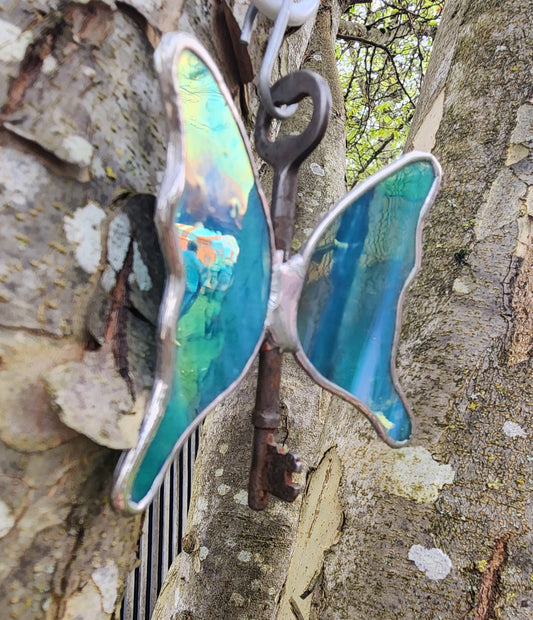 Iridescent Teal Stained Glass Flying Key