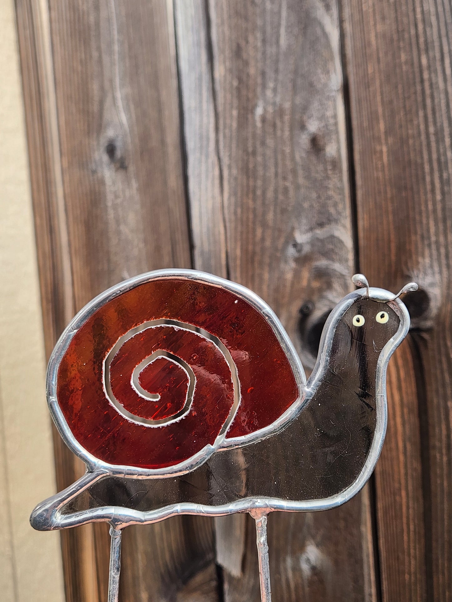 Gray Antique and Red Streaky Stained Glass Snail Plant Stake