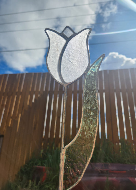 White Stippled Tulip with Green English Muffle Leaf Stained Glass Plant Stake