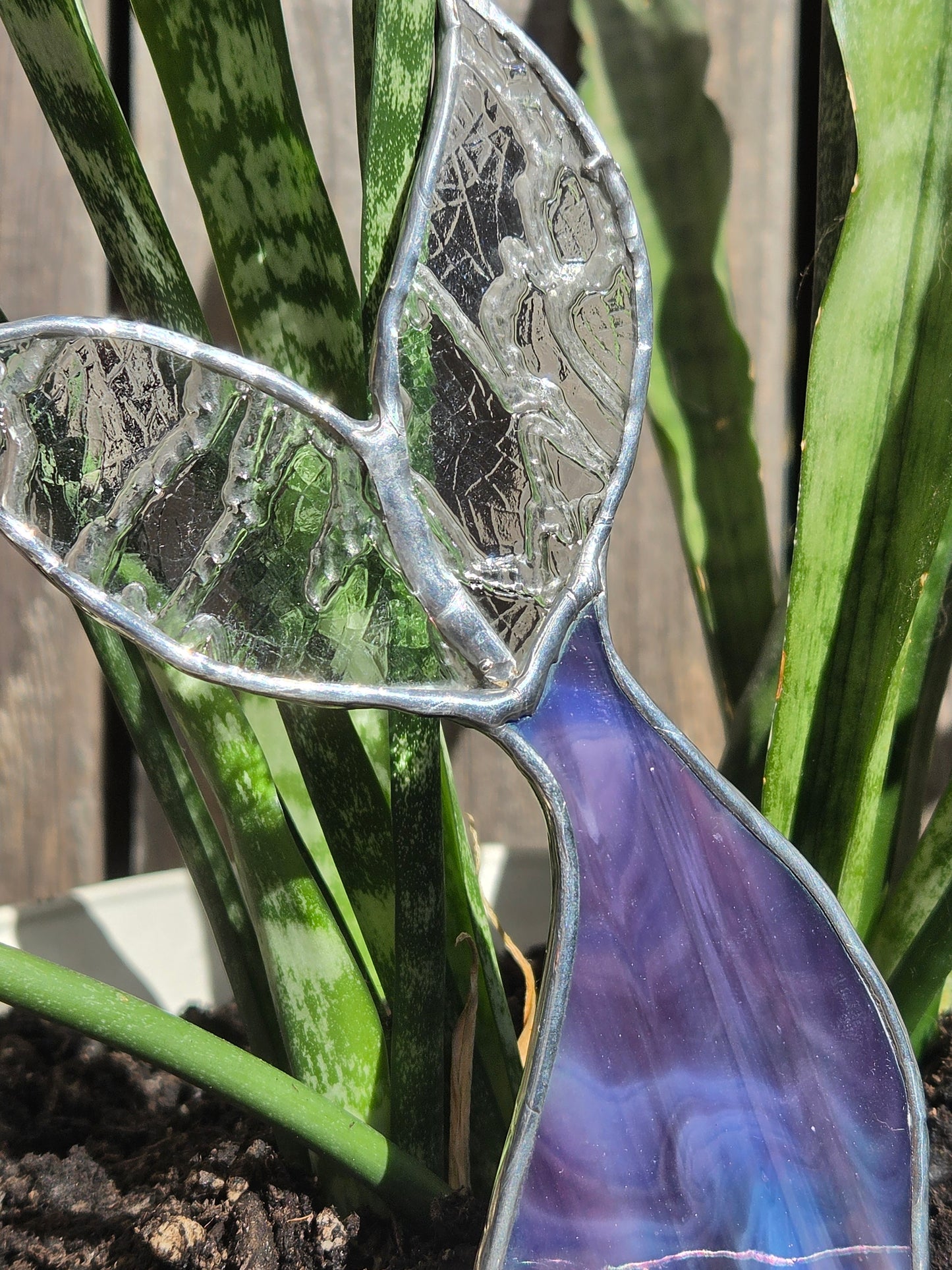 Purple Oil Slick & Clear Crackled Stained Glass Mermaid Tail Plant Stake