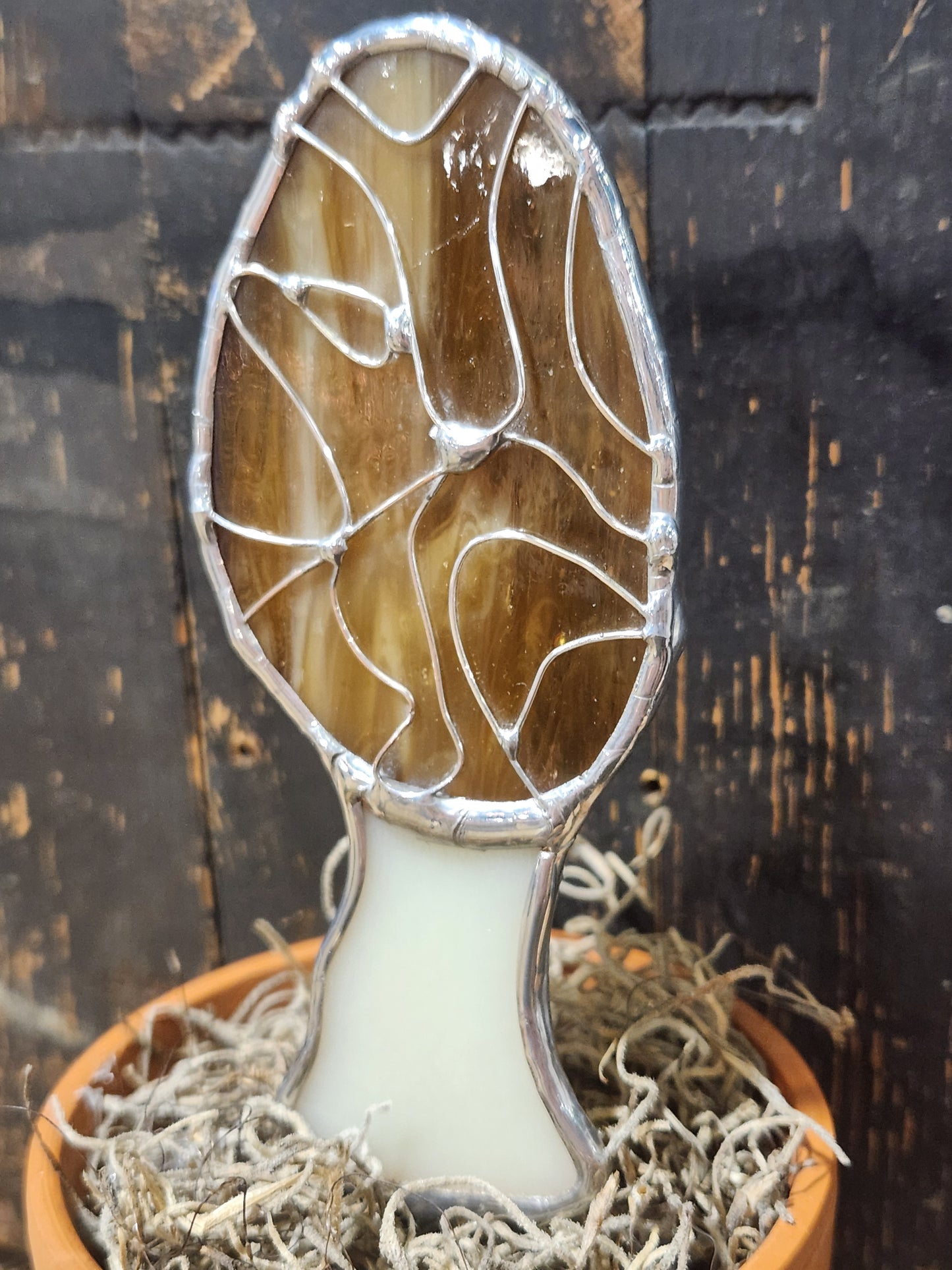 Life-Sized Morel Mushroom Stained Glass Plant Stake