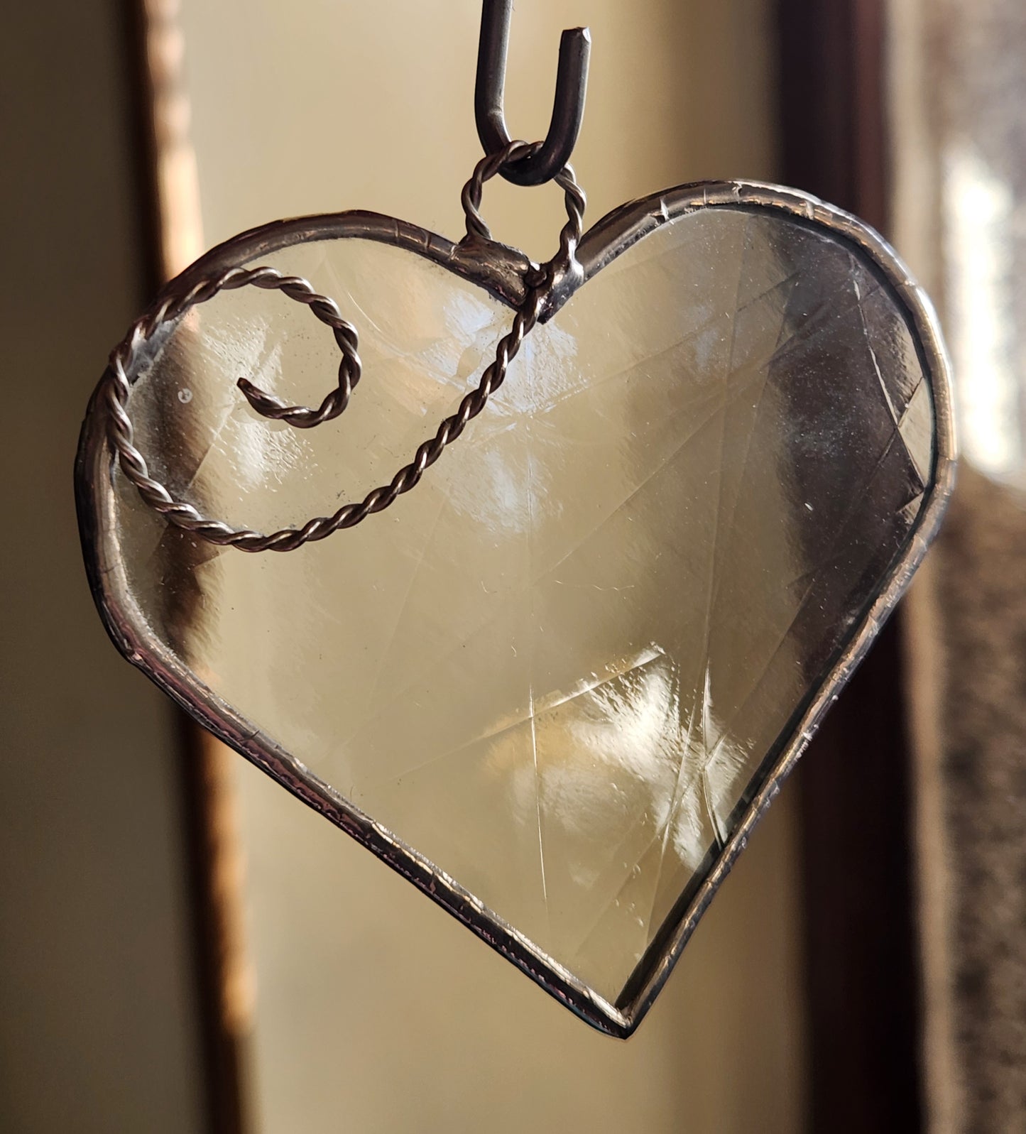 Clear Antique Stained Glass Heart with Scroll Accent