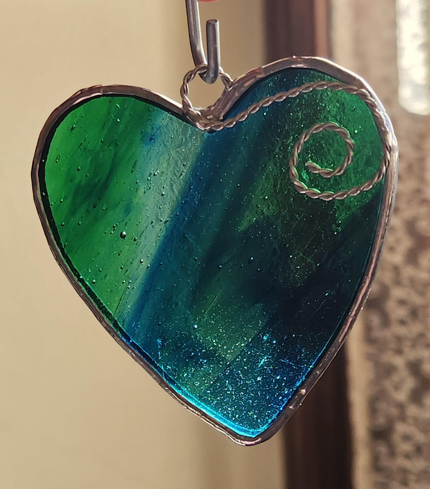 Blue-Green Swirl Stained Glass Heart with Scroll Accent