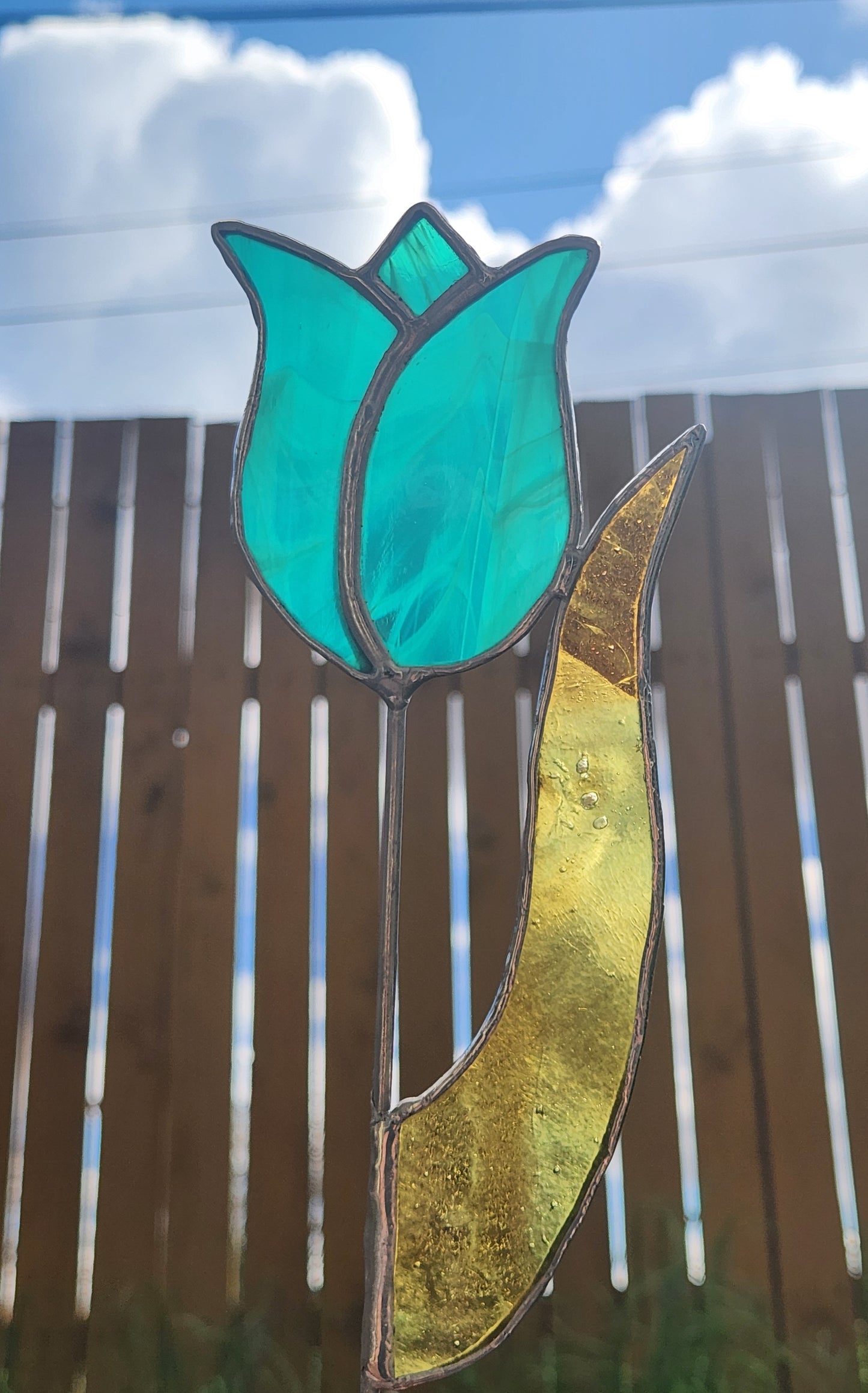Aqua Streaky Tulip with Amber-Green Leaf Stained Glass Plant Stake