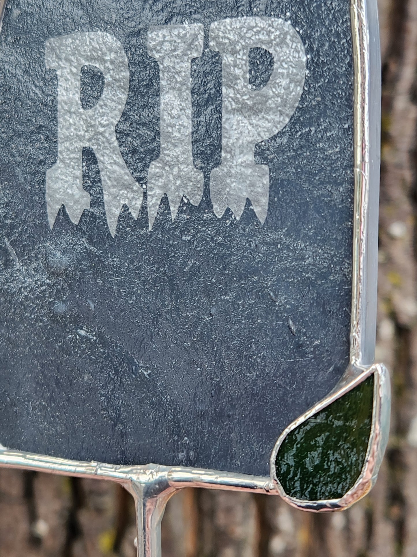 Gray "RIP" Headstone Stained Glass Plant Stake