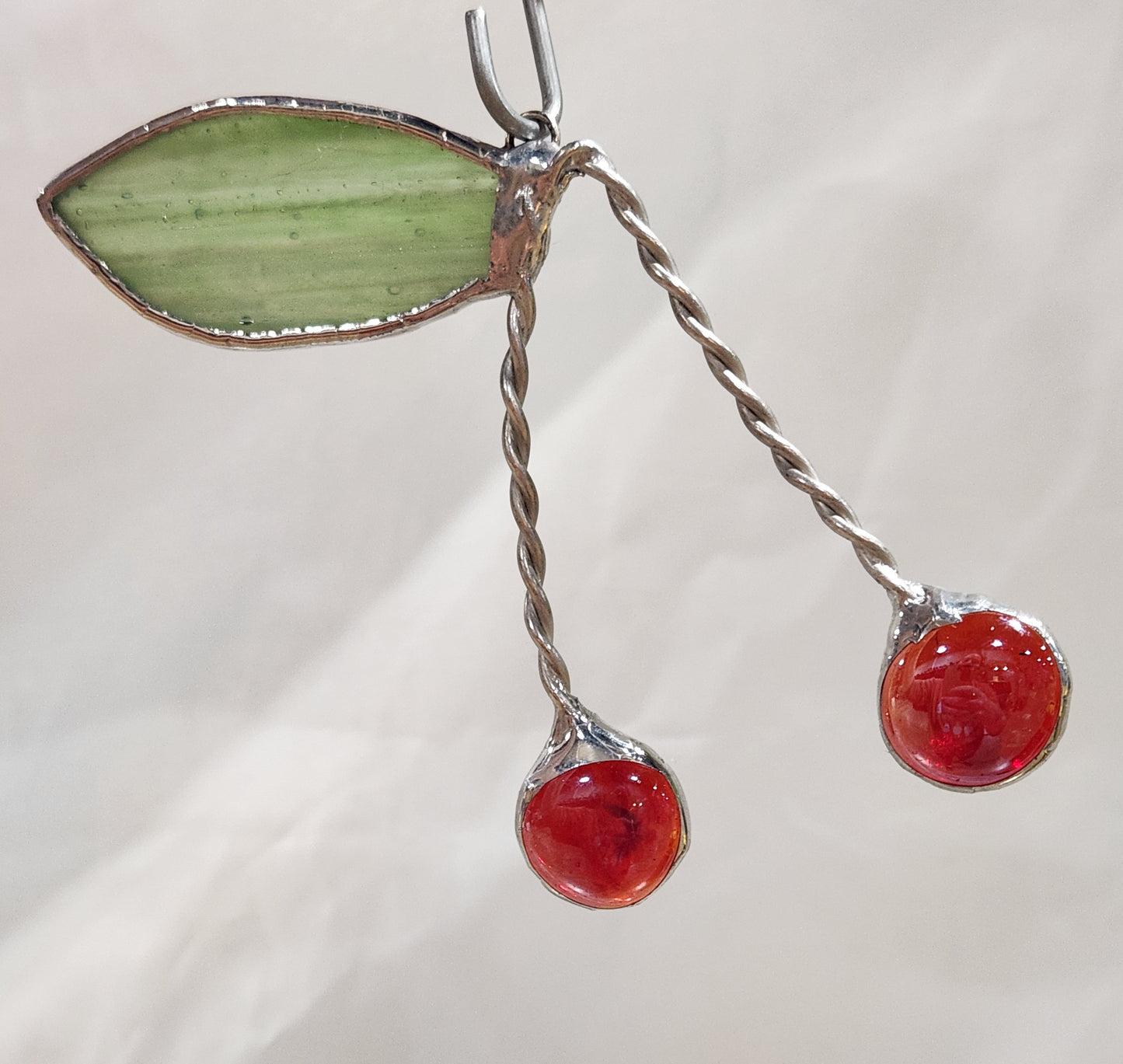 Cherry Nugget Glass with Green Wispy Leaf Stained Glass
