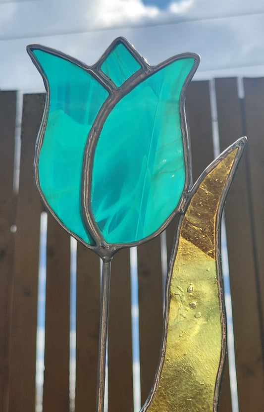 Aqua Streaky Tulip with Amber-Green Leaf Stained Glass Plant Stake