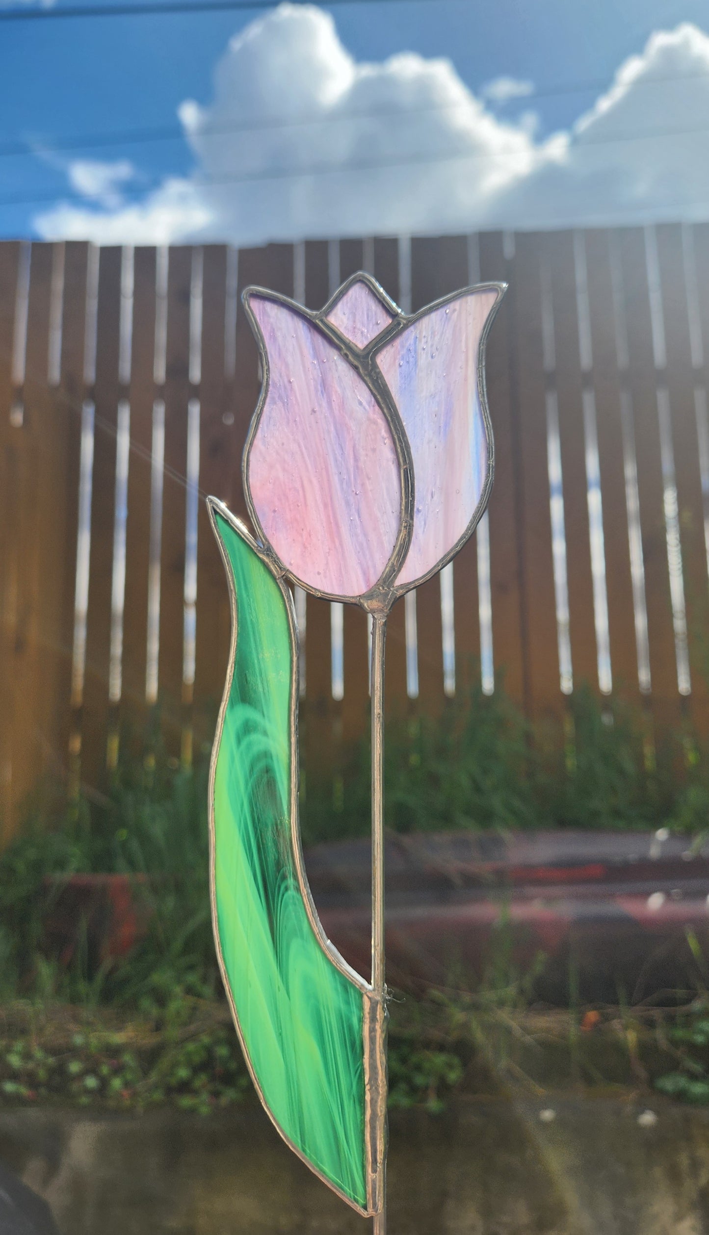 Pink-Purple Streaky Tulip with Green Streaky Leaf Stained Glass Plant Stake
