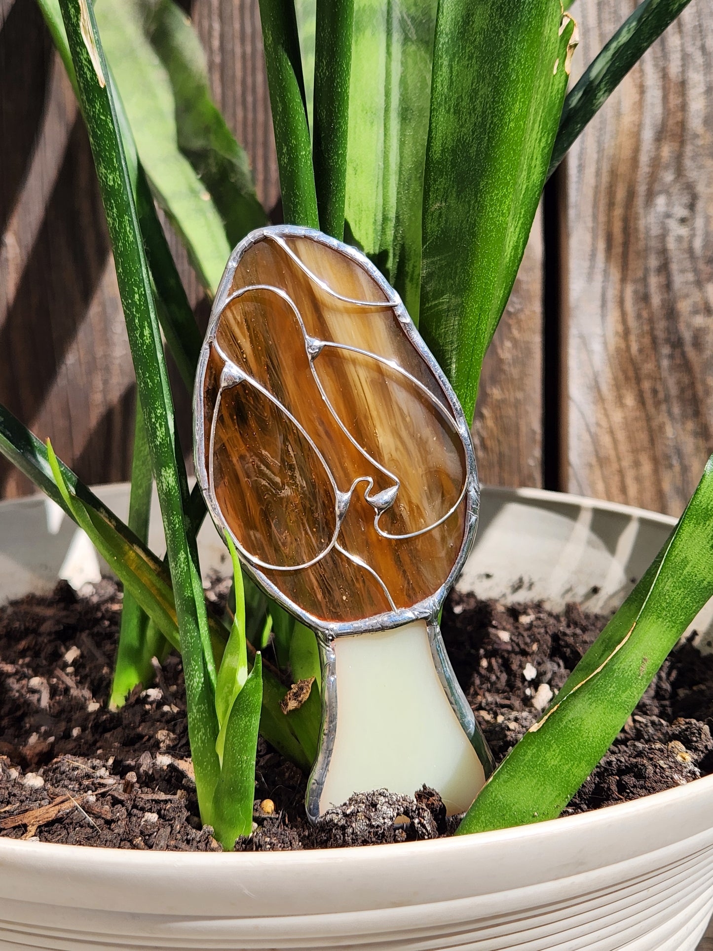 Life-Sized Morel Mushroom Stained Glass Plant Stake