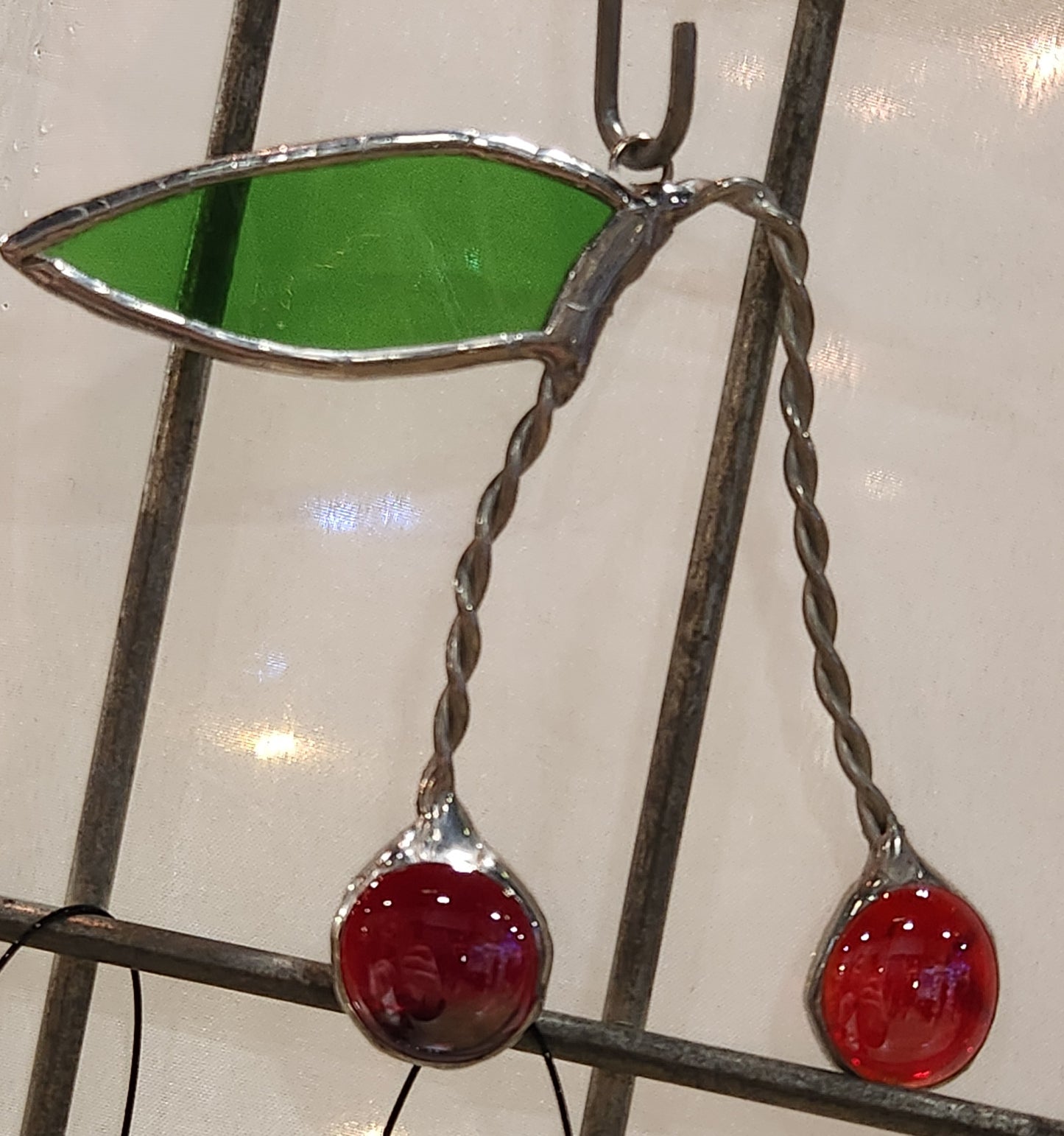 Cherry Nugget Glass with Green Textured Leaf Stained Glass
