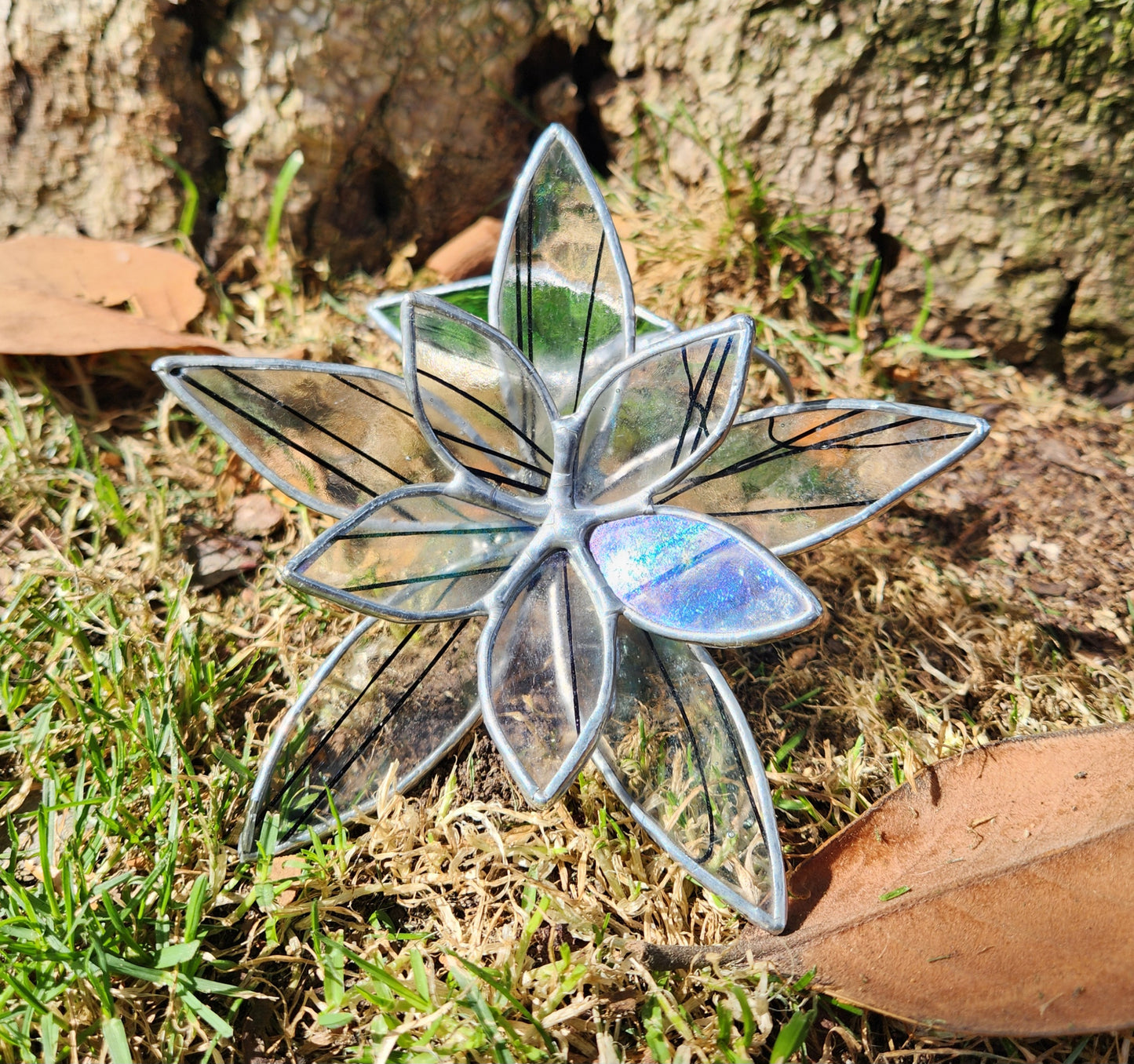 Iridescent Clear with Black Streamer Stained Glass Table Flower