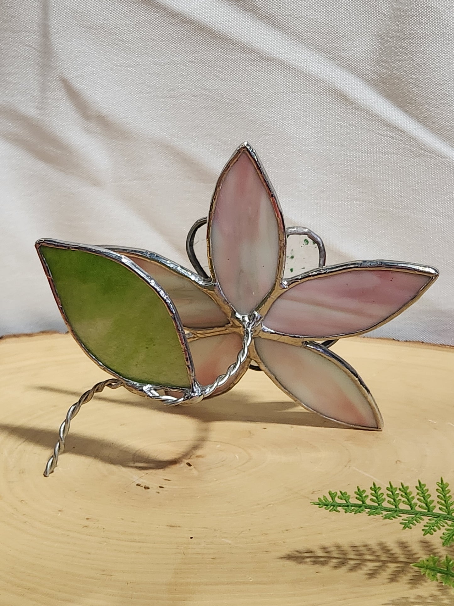 Pink & Green Streaky Glass with Green Confetti Stained Glass Table Flower